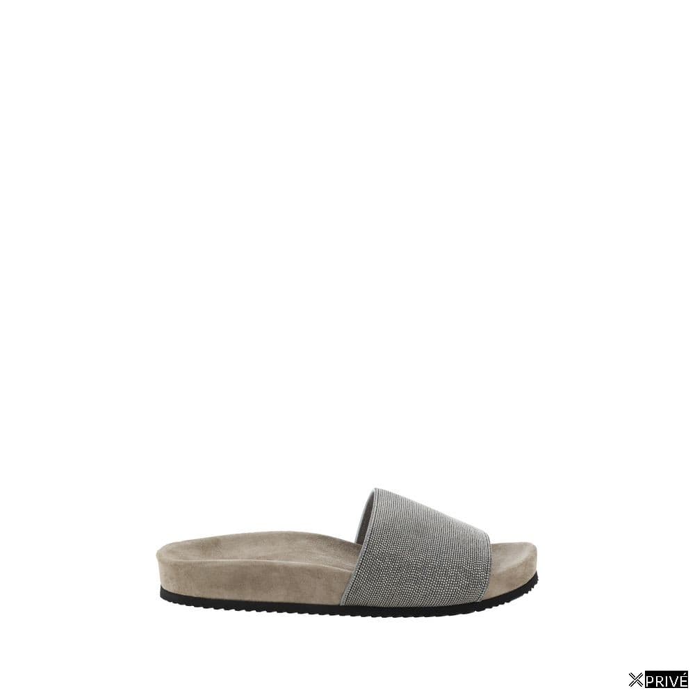 Brown Fabric Flat Sandals — 1